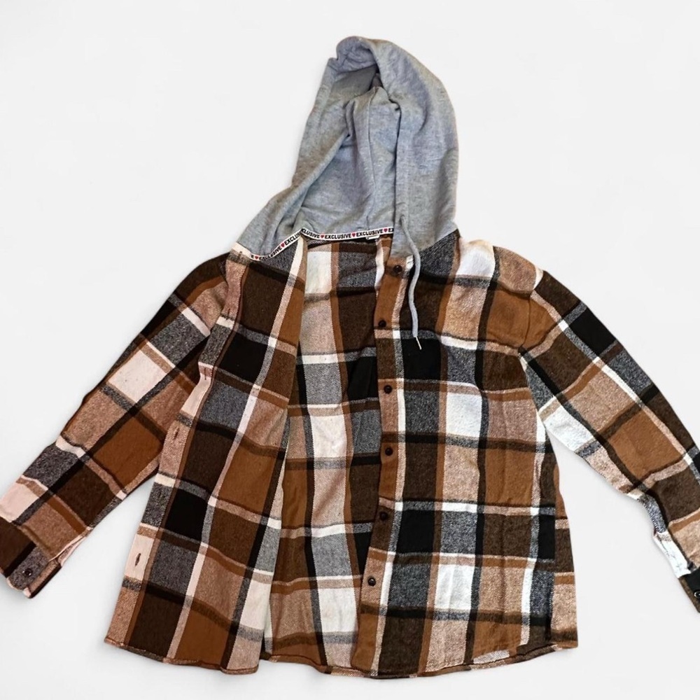 Women’s Black and Brown Plaid Flannel Hoodie shacket size Large - Picture 6 of 6